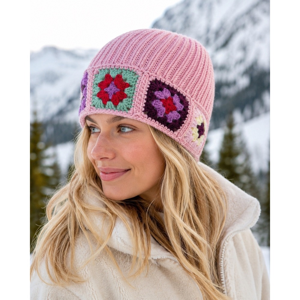 Turtle Fur Pink Wool Granny Square Crochet Patchwork Beanie Ribbed‎ Knit Hat